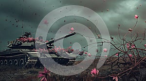 A war tank adorned with delicate flowers in dark background