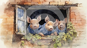 War Of The Three Little Pigs: Watercolor Illustration Of Pigs In A Brick House