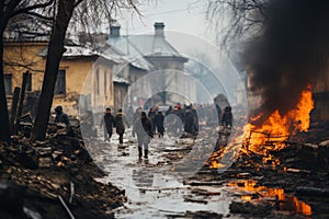 War-torn city with cracked road, fire, people shooting at bandits, and soldier in gas mask