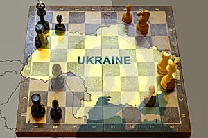 War in Ukraine, chess like geopolitics game between Russia, EU and USA photo