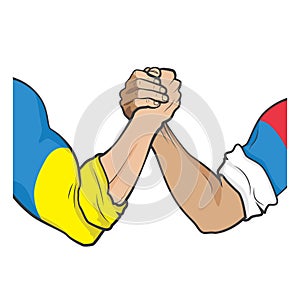 War Ukraine and Russian Federation. Fight armwrestling. Political conflict. Vector illustration. Graphic stock image