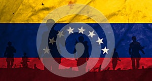 War in Venezuela, shadow of soldiers in the battlefield on dirty flag Venezuela, war crisis concept in Venezuela
