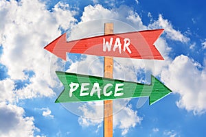 War versus peace on wooden directional sign