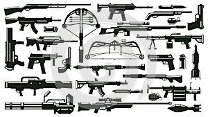 War weapon silhouettes. Automatic gun kit, grenade launchers, weapons bullets, firearm supplies vector illustration set