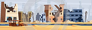 War zone. Damaged city destroy environment broken buildings and road destruction collapsed world vector cartoon photo