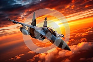Warbird Soaring Above Clouds in Golden Twilight. photo