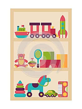 Wardrobe children toy, plaything shelf isolated on white flat vector illustration. Baby things horse, teddy bear color