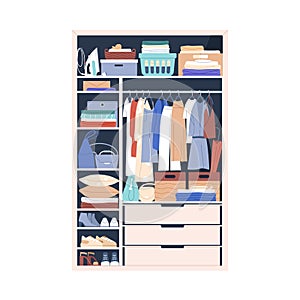 Wardrobe, closet full of clothing, shoes, bags, accessories. Open cupboard with garment rail, boxes, ordered folded