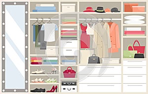 Wardrobe with clothes vector illustration, cartoon flat opened closet compartments with woman man clothing, hangers with