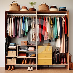 Wardrobe filled with neatly organized clothes, shoes, and accessories