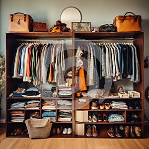 Wardrobe filled with neatly organized clothes, shoes, and accessories