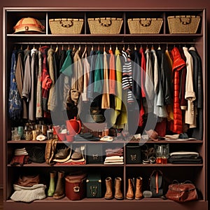 Wardrobe filled with neatly organized clothes, shoes, and accessories