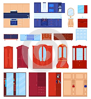 Wardrobe furniture vector illustration set, cartoon flat furnishings design collection with drawers to furnish home room