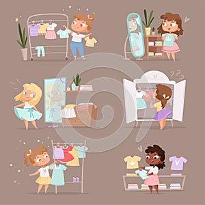 Wardrobe girl. Parent help choice clothes for kids changing room in marketplace vector cartoon illustration
