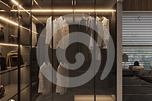 Wardrobe interior design sample for a modern living ideas, closet design night mode overview photo