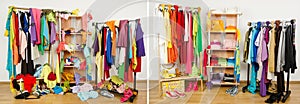 Wardrobe before messy after tidy arranged by colors.