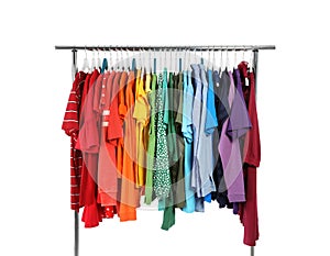 Wardrobe rack with different colorful clothes