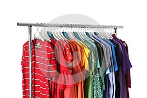 Wardrobe rack with different colorful clothes