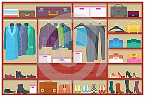 Wardrobe room full of clothes.Flat vector illustration