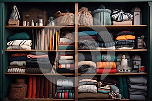 Wardrobe shelves with clothes, things, plaids, baskets. Organization of space in the closet