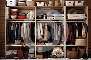 Wardrobe shelves with warm things, outerwear, baskets. Organization of space in the closet