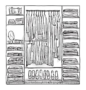 Wardrobe sketch. Room interior with clothes.