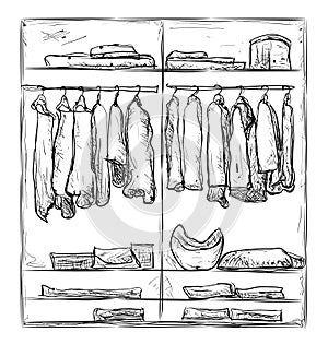 Wardrobe sketch. Room interior with clothes.