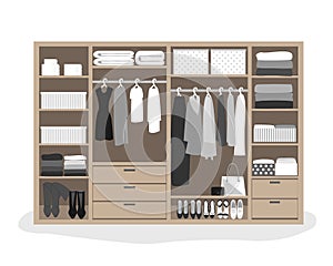 Wardrobe storage system in a modern style. Dressing room interior element, flat vector illustration