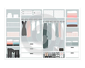 Wardrobe storage system in a modern style. Dressing room interior element, flat vector illustration. Closet with woman