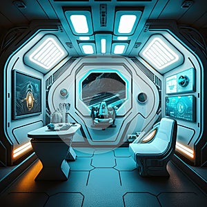 Wardroom in spaceship. Table, chair, screens and porthole. Futuristic interior of spacecraft, medical room, future photo