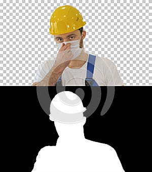 Ware the mask! Masked construction man in hardhat, Alpha Channel