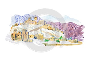 Warecolor illustration desert town aquarelle drawings cityscape