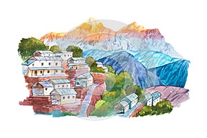 Warecolor illustration Himalayan village aquarelle drawings landscape.