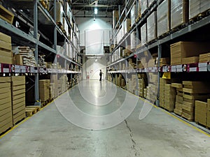 Warehouse aisle with boxed articles