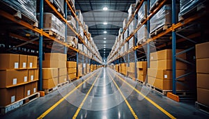 Warehouse Aisle Filled with Stacked Racks and Palletized Boxes