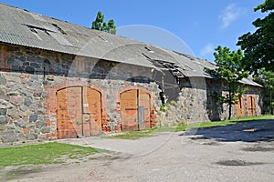 Warehouse in ancient serf construction of the 14th century. Sett photo