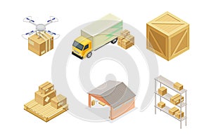 Warehouse as Area for Goods Storage with Drone, Truck and Cardboard Boxes Isometric Vector Set