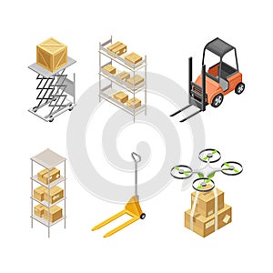 Warehouse as Area for Goods Storage with Forklift and Cardboard Boxes Isometric Vector Set