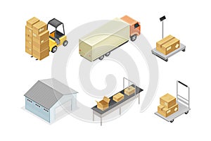 Warehouse as Area for Goods Storage with Forklift and Cardboard Boxes Isometric Vector Set