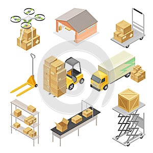 Warehouse as Area for Goods Storage and Logistics with Forklift Moving Cardboard Boxes and Drone Delivering Parcel