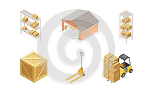 Warehouse as Area for Goods Storage and Logistics with Forklift Moving Cardboard Boxes and Rack with Parcel Isometric