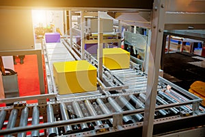 Warehouse automation. Automated conveyor lines with robotic manipulator