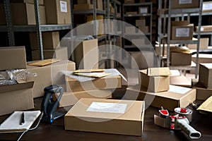 Warehouse background shipping orders package boxes on table.