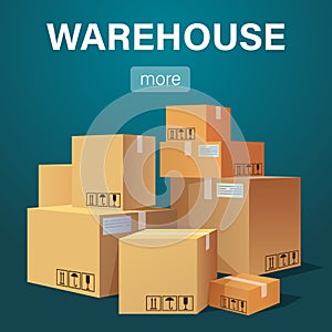 Warehouse banner with pile of stacked sealed goods cardboard boxes. Flat style vector illustration