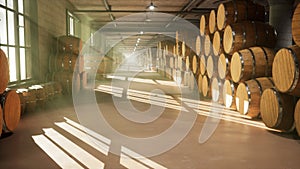 Warehouse with barrels for wine, whiskey or other alcohol. Barrels lying in several rows. 3D Rendering
