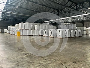 Warehouse with big bags. Transporting large bags of bulk cargo
