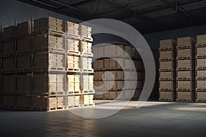 Warehouse with boxes on racks. AI generative