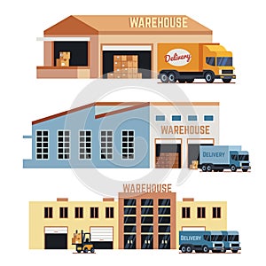 Warehouse building, industrial construction and factory storage vector icons