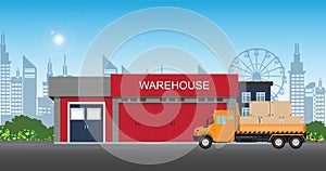 Warehouse building with semi-trailer truck