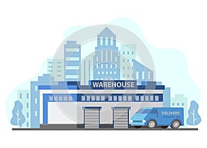 Warehouse building storage delivery lorry.City skyline skyscrapers.